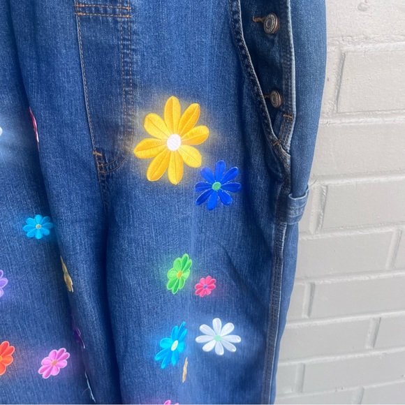 80s 90s Classic Old Navy Blue Jean Overalls Floral Patches XS - Picture 8 of 15